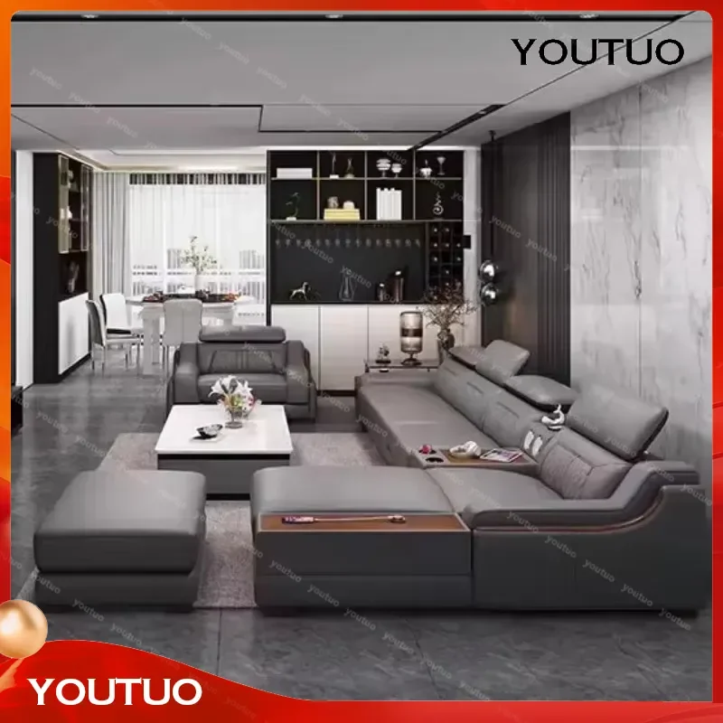 Italian Leather Sectional Sofa Set with Charging Station Speaker Cup Holders Adjustable Headrests Modern Living Room