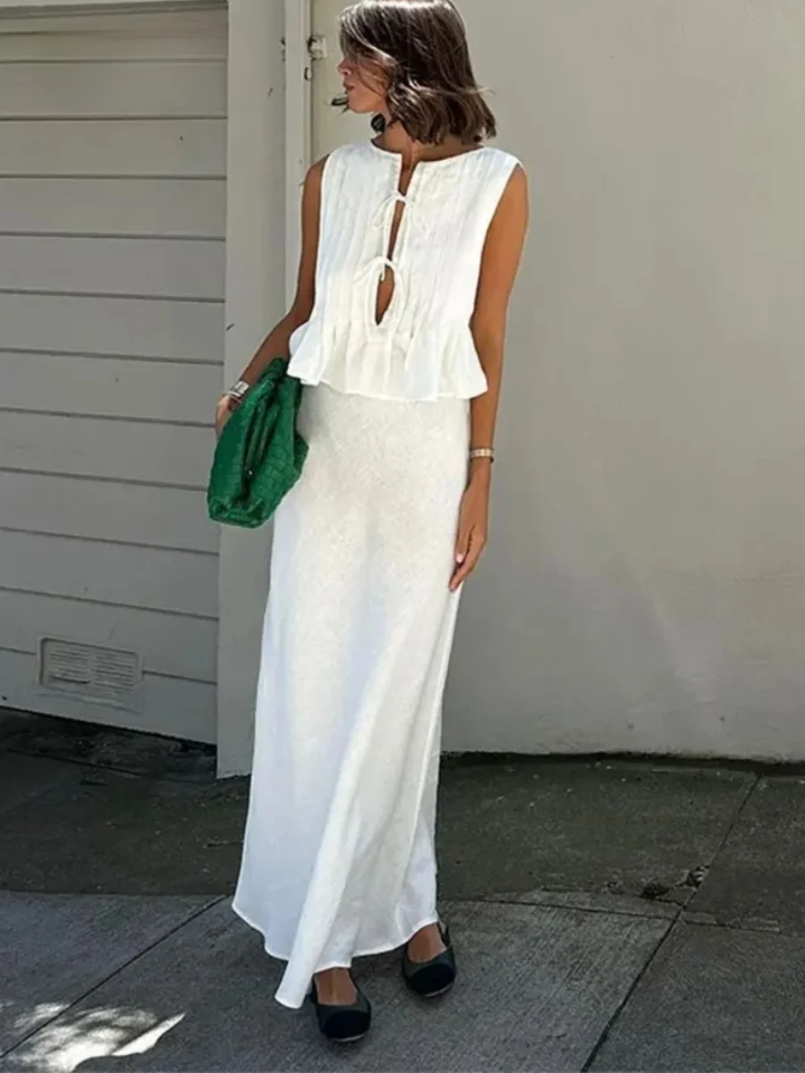 

Комплект из хлопка и льна: женская повседневная юбка с высокой талией и топ, не требующий глажки, приталенный крой