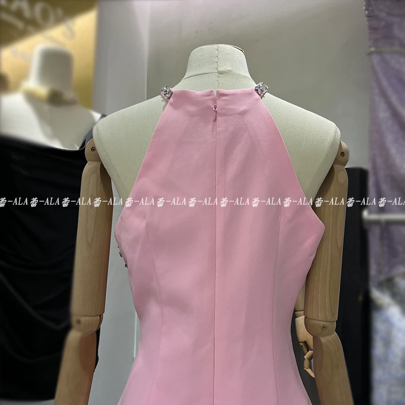 2024 estate moda strass vita-stretto alla moda abiti femminili dolce luce di lusso rosa vestito da donna senza maniche bei vestiti