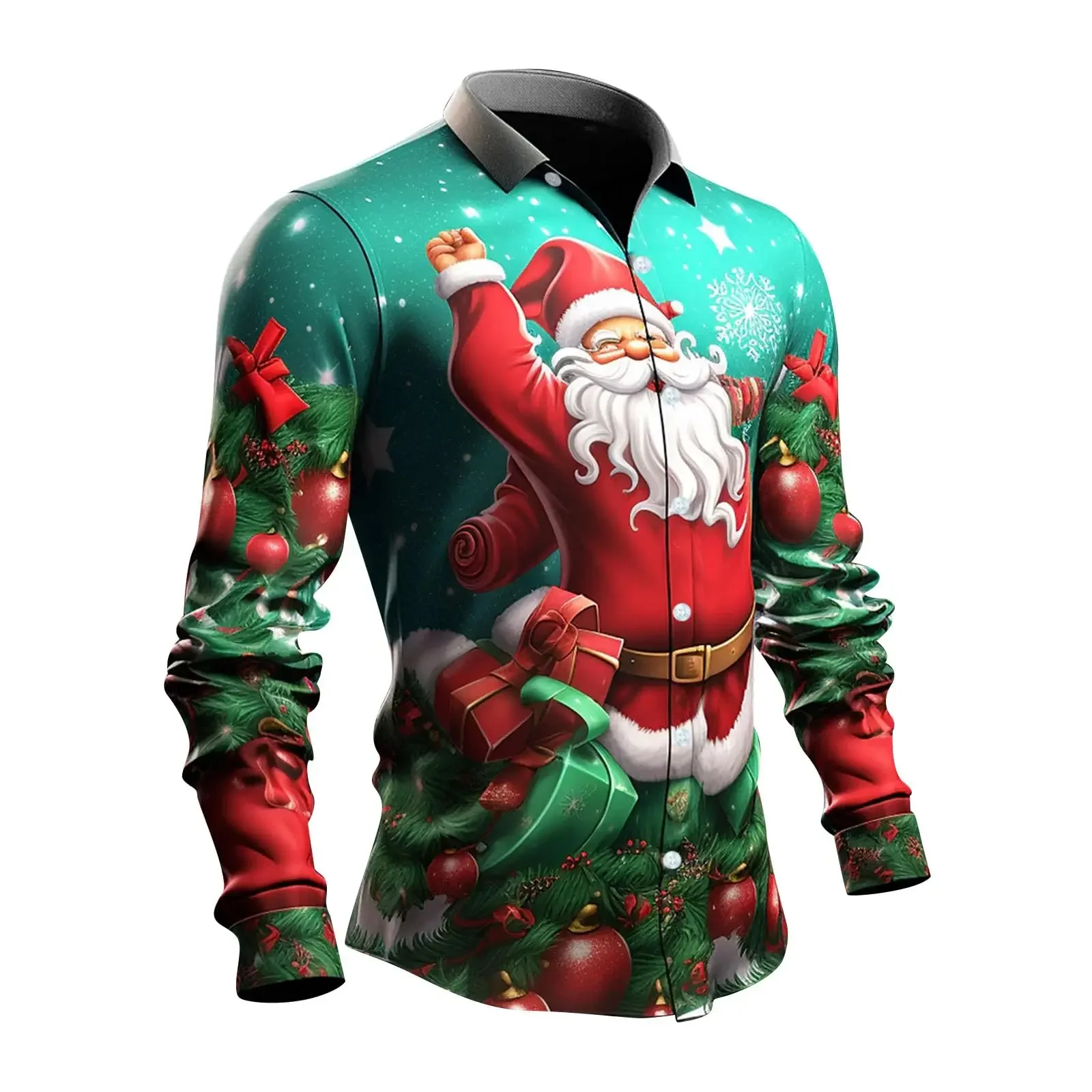 2024 New Men's 3D Christmas Bell Fashion Print Single Breasted Long Sleeve Shirt Casual Shirt Men's Loose Lapel Long Sleeve