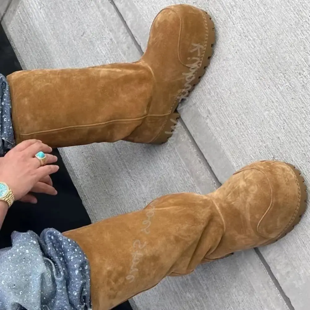 

Suede Snow Boots Knee High Warm Winter Big Round Toe Flat With Outdoor Fashion Concise Luxury Sexy Novelty Slip-On Shoes Newest