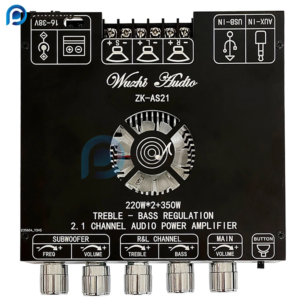 220W+220W+350W High Power 2.1 Channel TPA3255 AUX USB Bluetooth Audio Power Amplifier Board Frequency Treble Bass Volume Control