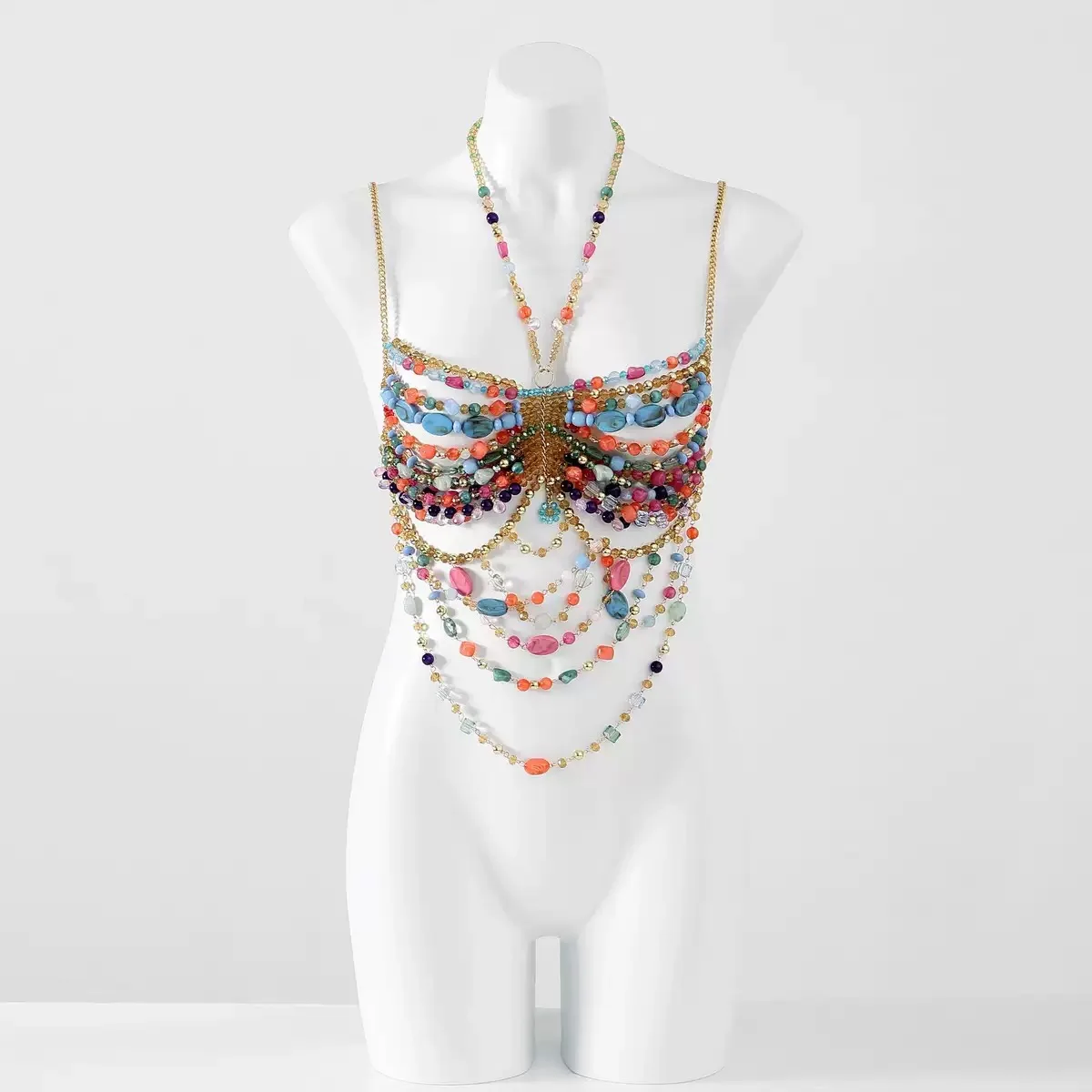 Woman's Pearl Beaded Bustier Bra Vest Bikini Bra Top Body Exaggerated Pearl Neck Bustier Beachwear Lingerie Woman's Club Rave