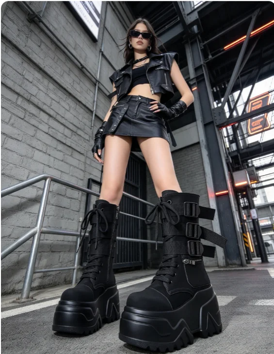 Neue schwarze Plateau-Stiefel im spanischen Stil, mittelhohe Stiefel mit seitlichem Reißverschluss und Schnürung, dunkle Punk-Ritterstiefel mit mehreren Riemen und Schnallen, die die Körpergröße optisch erhöhen. – Detail 1