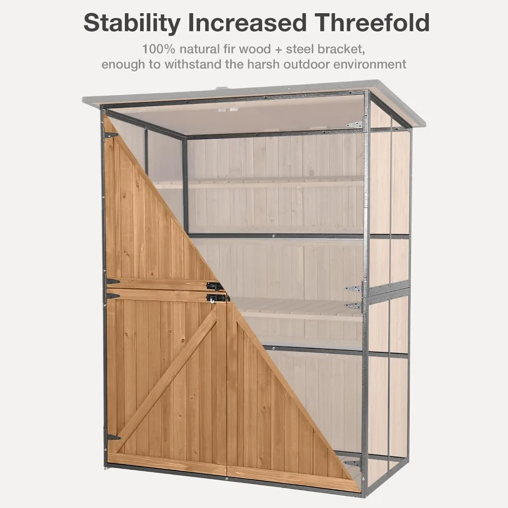 Outdoor Storage Shed with Floor - Waterproof Natural Fir Cabinet with Adjustable Shelves and Double Lock for Anti-Theft