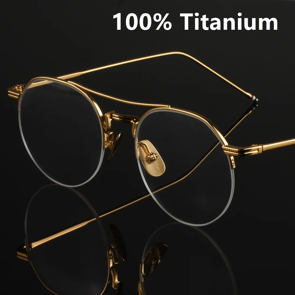 

New York Brand TBX903 Retro Pilot style Double-beam Round Spectacle Frame Half-frame Titanium Eyeglass Frames Women Men Fashion