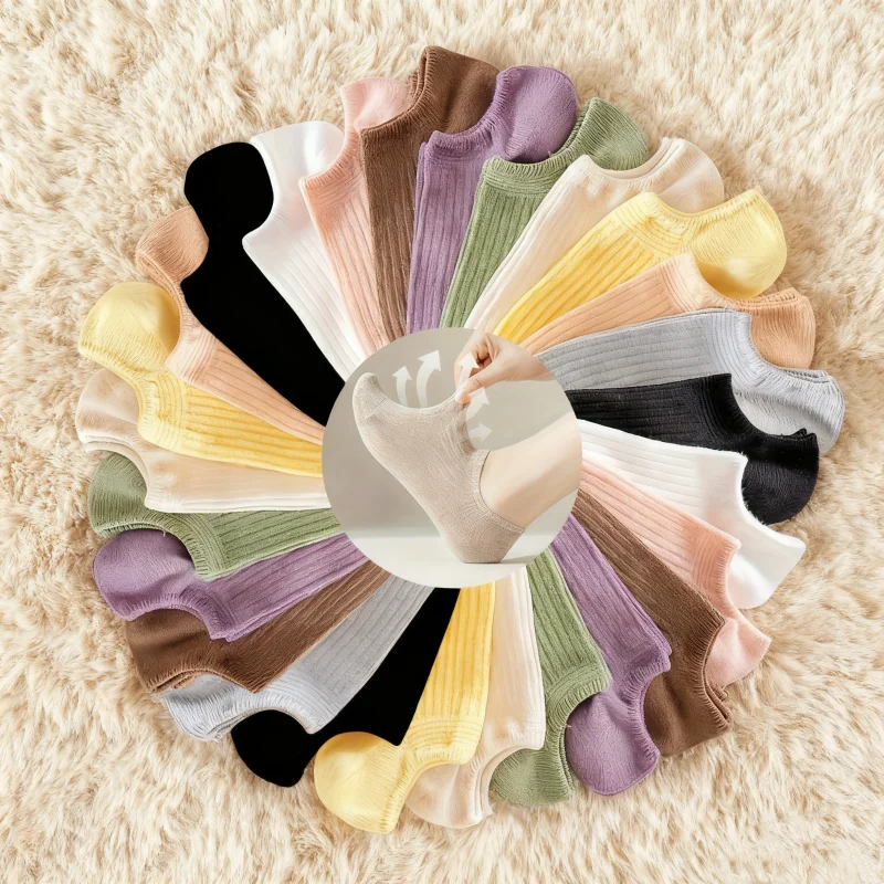 

12 Pairs Of Spring And Summer Vertical Stripe Solid Color Series Versatile Casual Breathable Shallow Mouth Invisible Boat Socks