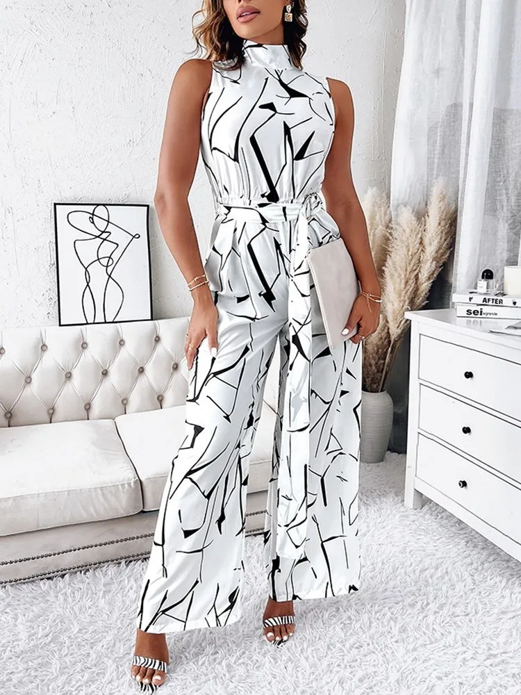 Streetkleding Jumpsuit Met Hoge Hals En Mode Rimpelprint Mouwloos Met Veters Tot Taille, Romeinse Zomer Jumpsuit Met Wijde Pijpen