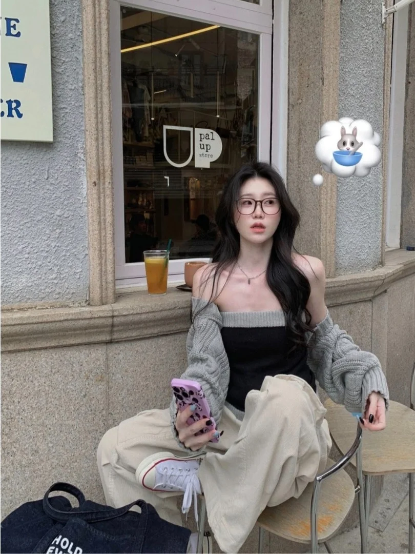 

Spicy Girl Casual Knitted Two-Piece Set Women's Spring 2026 New Style Sweater Cardigan Color Block Tube Top Trendy Ensemble