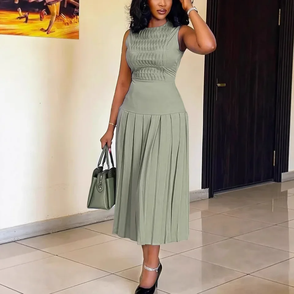 

Vestido De Noche Elegante Mujer Sleeveless Round Neck Vest Long Pleated Dress Spring Summer Womens New Solid Color Evening Dress