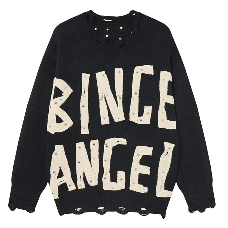 Letter Patches Vintage Sweater Harakuju Casual Pullover Jumper Long Sleeves Sweaters Knitwear For Male