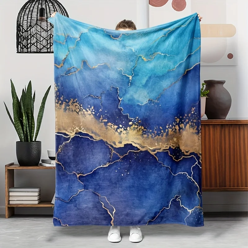 Abstract Marble Pattern Flannel Blanket Lightweight Warm Plush Throw Blanket Blue Gradient Gold Foil Marble Art Decor Blanket