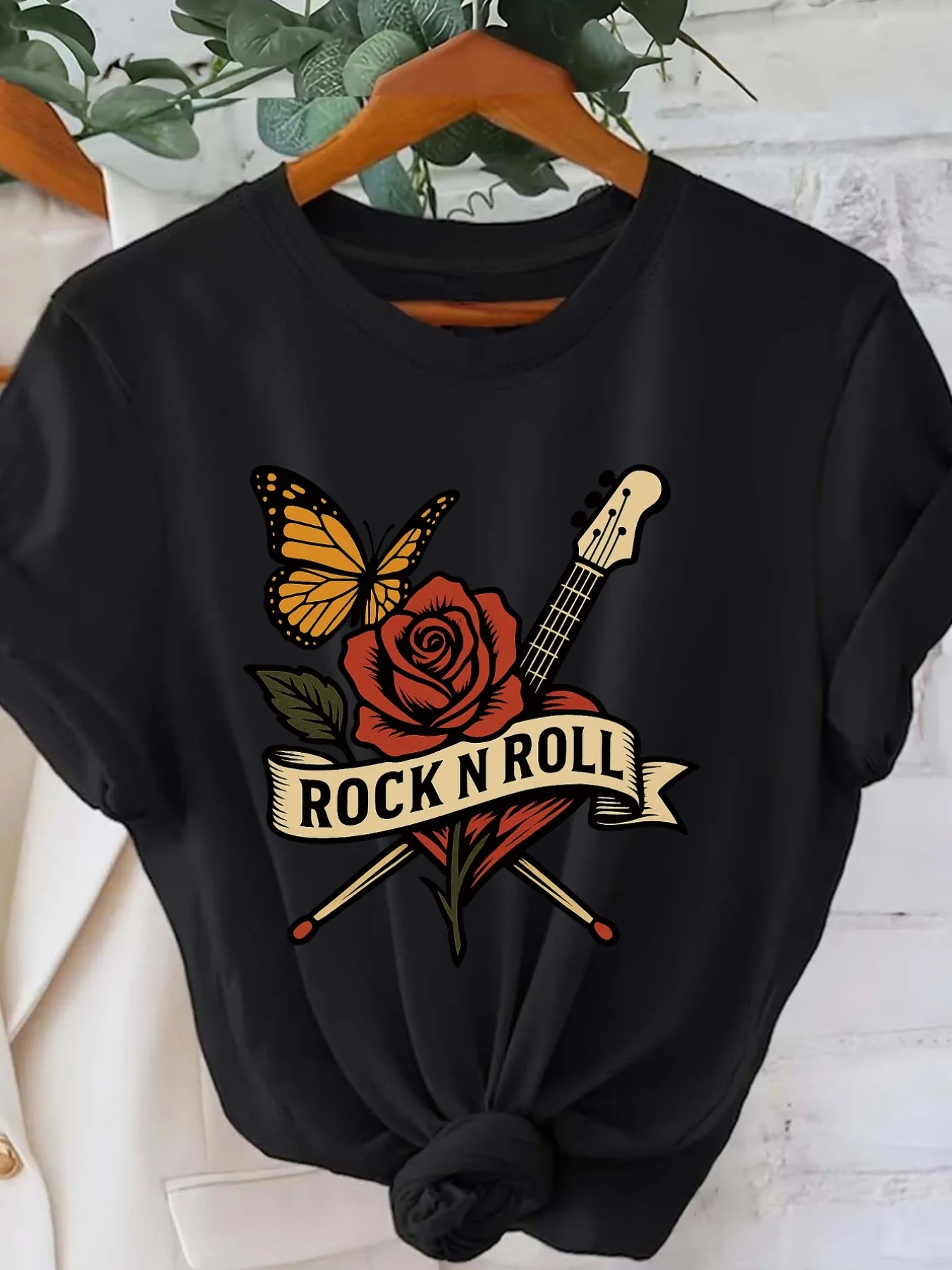 Women’s Summer T-shirt Featuring Rock Rose and Butterfly Design – Casual Short-Sleeve T-shirt with Round Neck