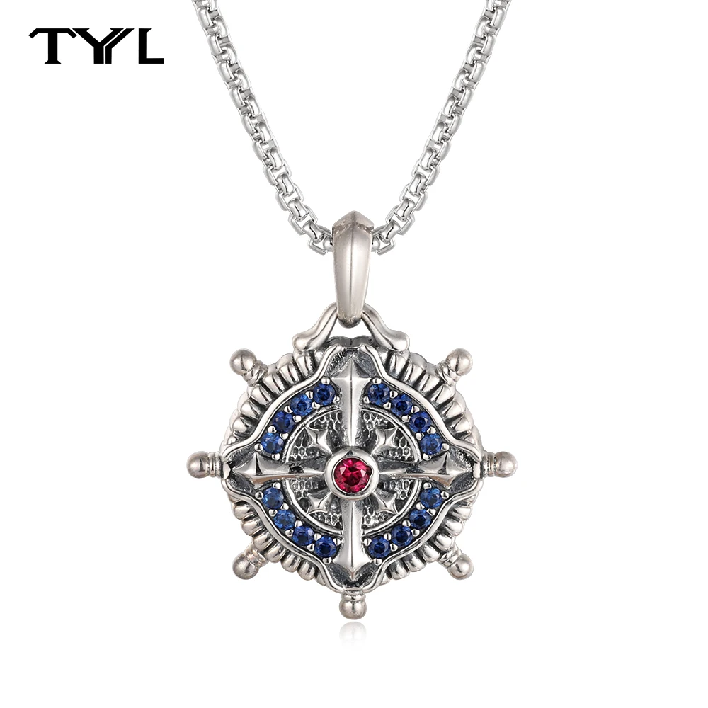 

TYYL Ruby Sapphire Viking Pendant Vegvisir Compass Norse Mythology Necklace 925 Silver Box Chain Magic Amulet Men Women Jewelry