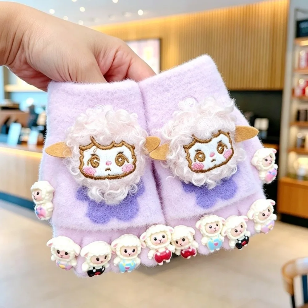 Gifts Cartoon Sheep Flip Top Gloves Sheep Doll Half Finger Gloves Fleece Lined Soft Knit Fingerless Gloves Students Writing