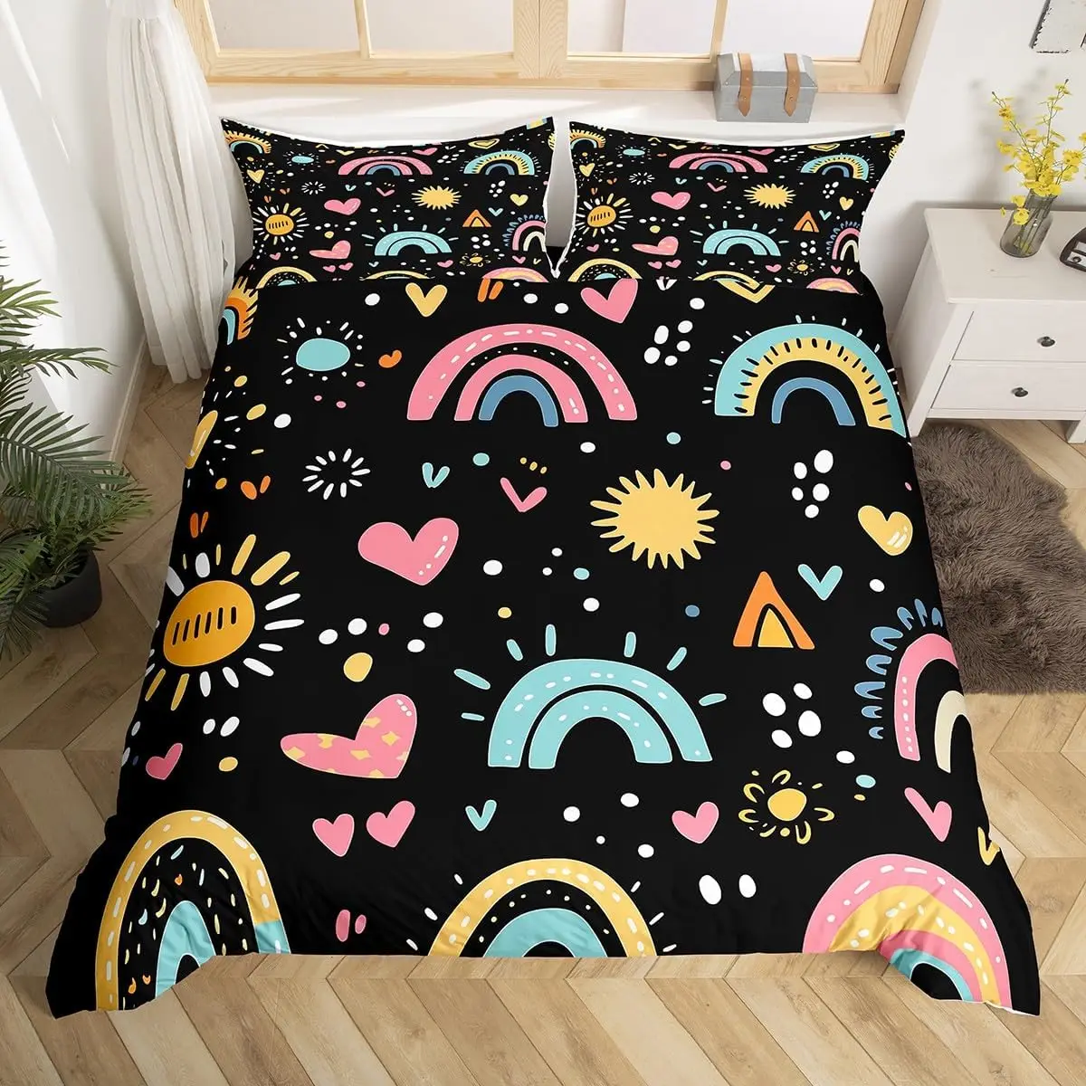 

Girls Rainbow Duvet Cover Cartoon Style Rainbow Bedding Set For Girls Boys Bedroom Nursery Soft Microfiber Kawaii Quilt Cover