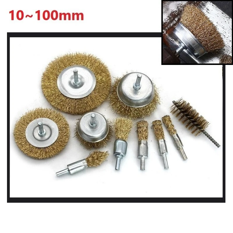 6mm Shank Diameter 10-100mm Copper Plated Wire Brush Wheel Brushes Polishing Tool For Grinder Accessories