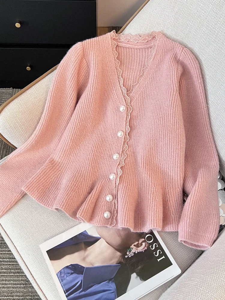 

Розовый кружевной вязаный свитер с жемчужными пуговицами, женский джет ранней осени, мягкая верхняя одежда для ленивых, кардиган, топ