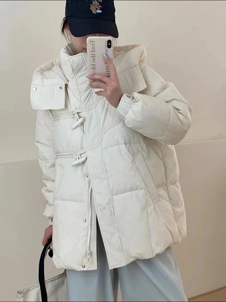 Casual Fashion Warm Horn Button Outwear Women Long Hooded Zipper Down Caot Female 2024 New Winter White Duck Down Jacket