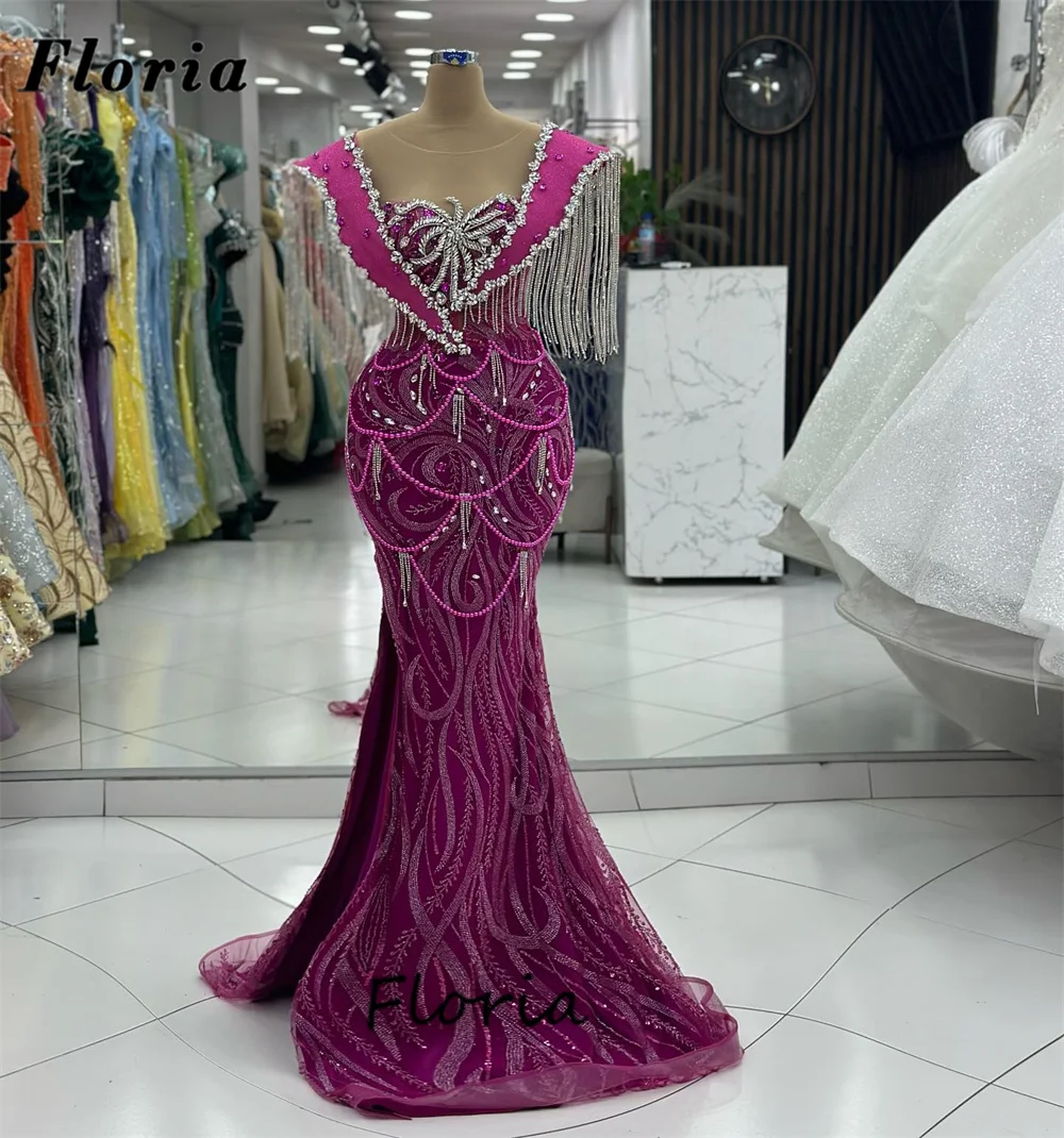 

New Elegant Purple Evening Dresses 2024 Newest Dubai Beading Tassel Prom Dress Birthday Party Dress Arabic Long Engagement Dress