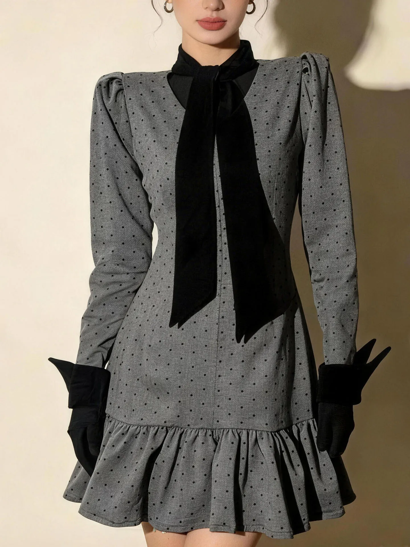 

Женское платье Ele Lady в горошек, А-силуэт, с эффектом утяжки на талии, весна 2026, новинка, длинный рукав