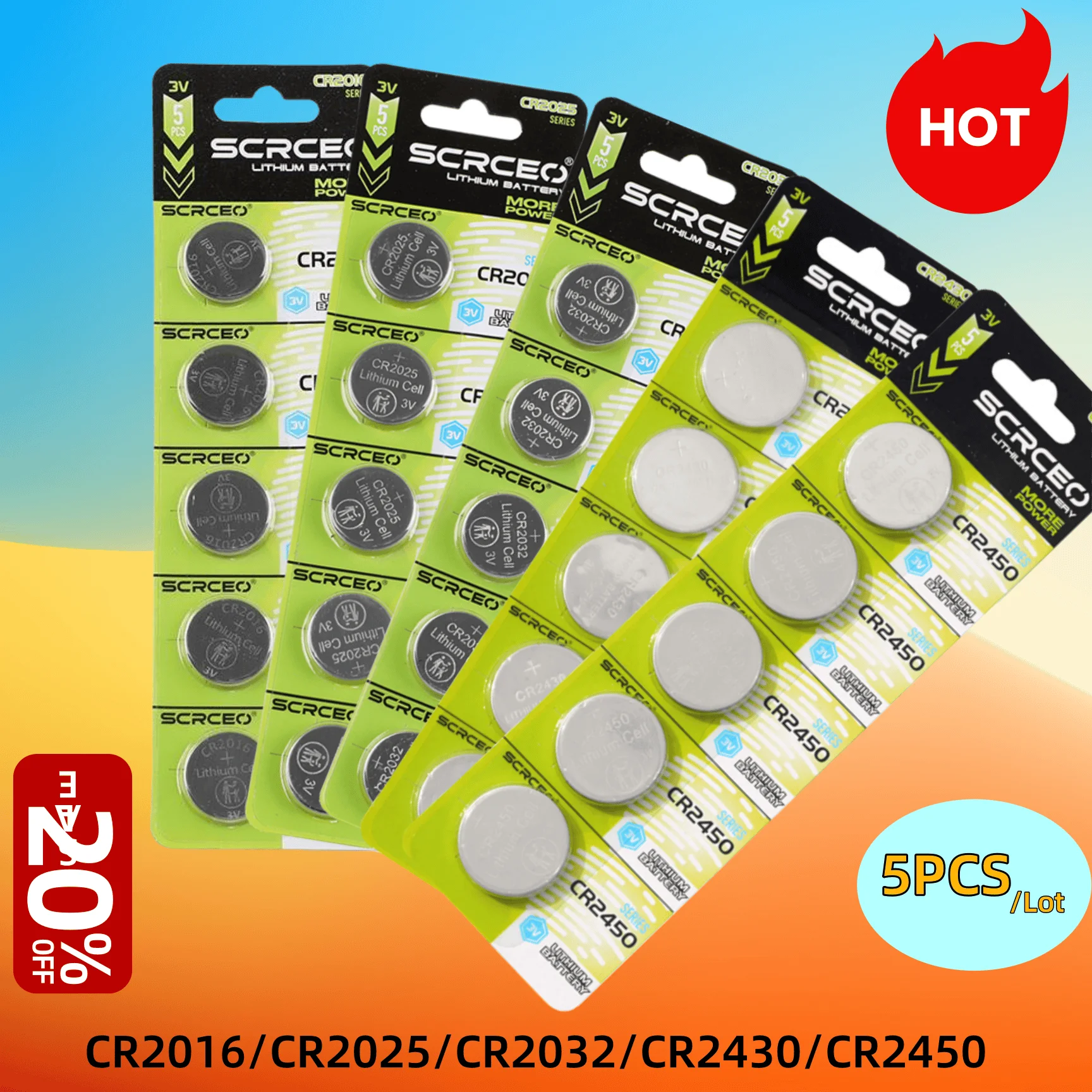 5PCS CR2016 CR2025 CR2032 CR2430 CR2450 3V Lithium Coin Cell Battery for Remote Controllers Garage Door Openers Toys