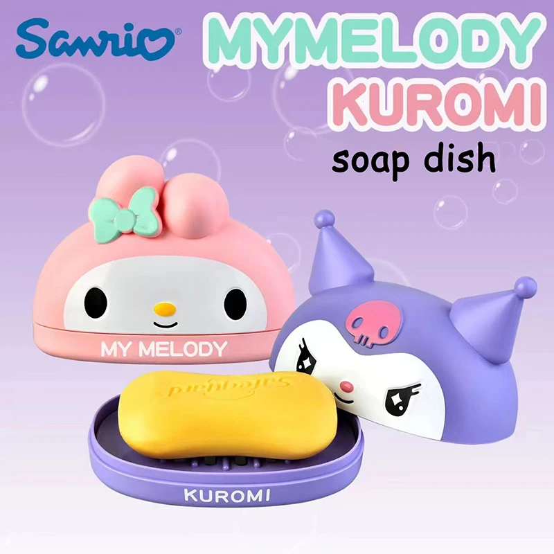 Sanrio Cartoon Soap Dish Bathroom with Lid Kuromi Melody Home Decor Anti-Slip Sink Tray Soap Storage Box Bathroom Accessories