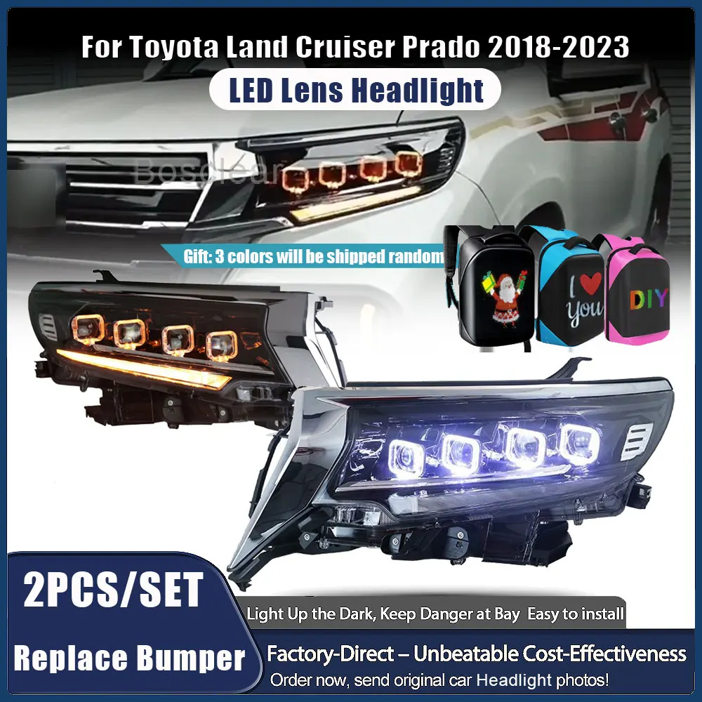 

Фары для Toyota Prado 2018-2023: Светодиодные линзованные фары в сборе с дневными ходовыми огнями и динамическими указателями поворота