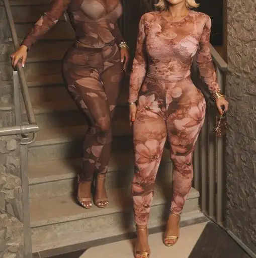 

Women's Floral Print Bodycon Pant Set round Neck Pullover Long Sleeve High-Waisted Autumn Winter Fashion Set