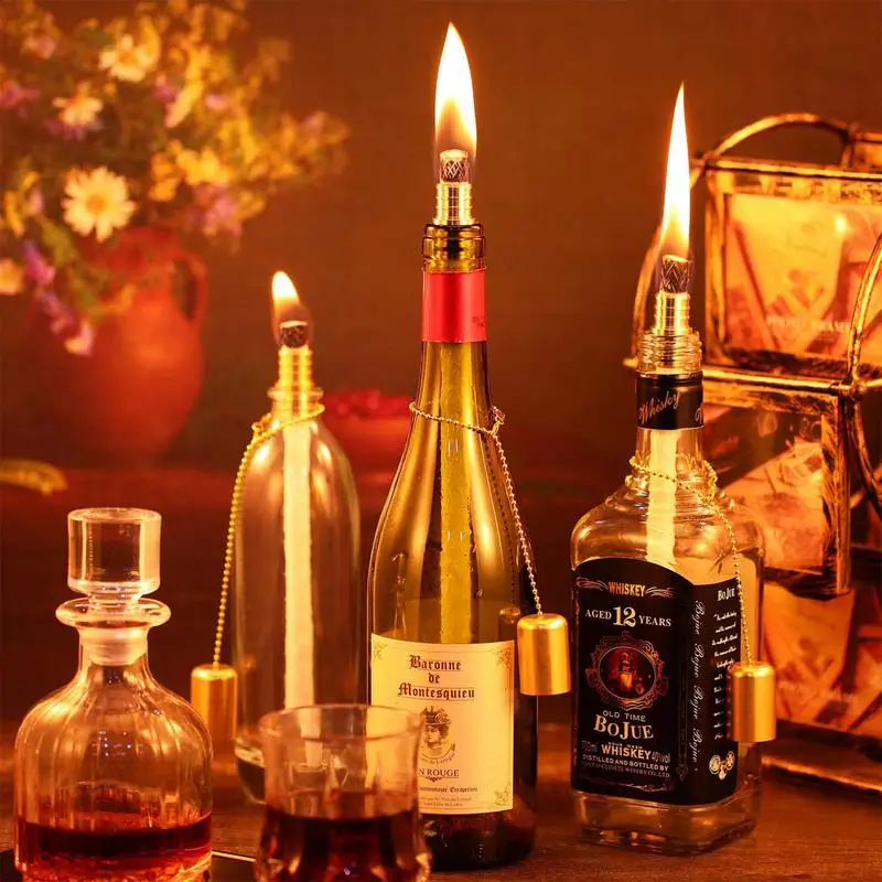 Wine Bottle Torch Kit 4-piece Wine Bottle Flashlight Kit Oil Lamps Replacement Wick Hardware Kit Copper Lamp Cover Brass Wicks