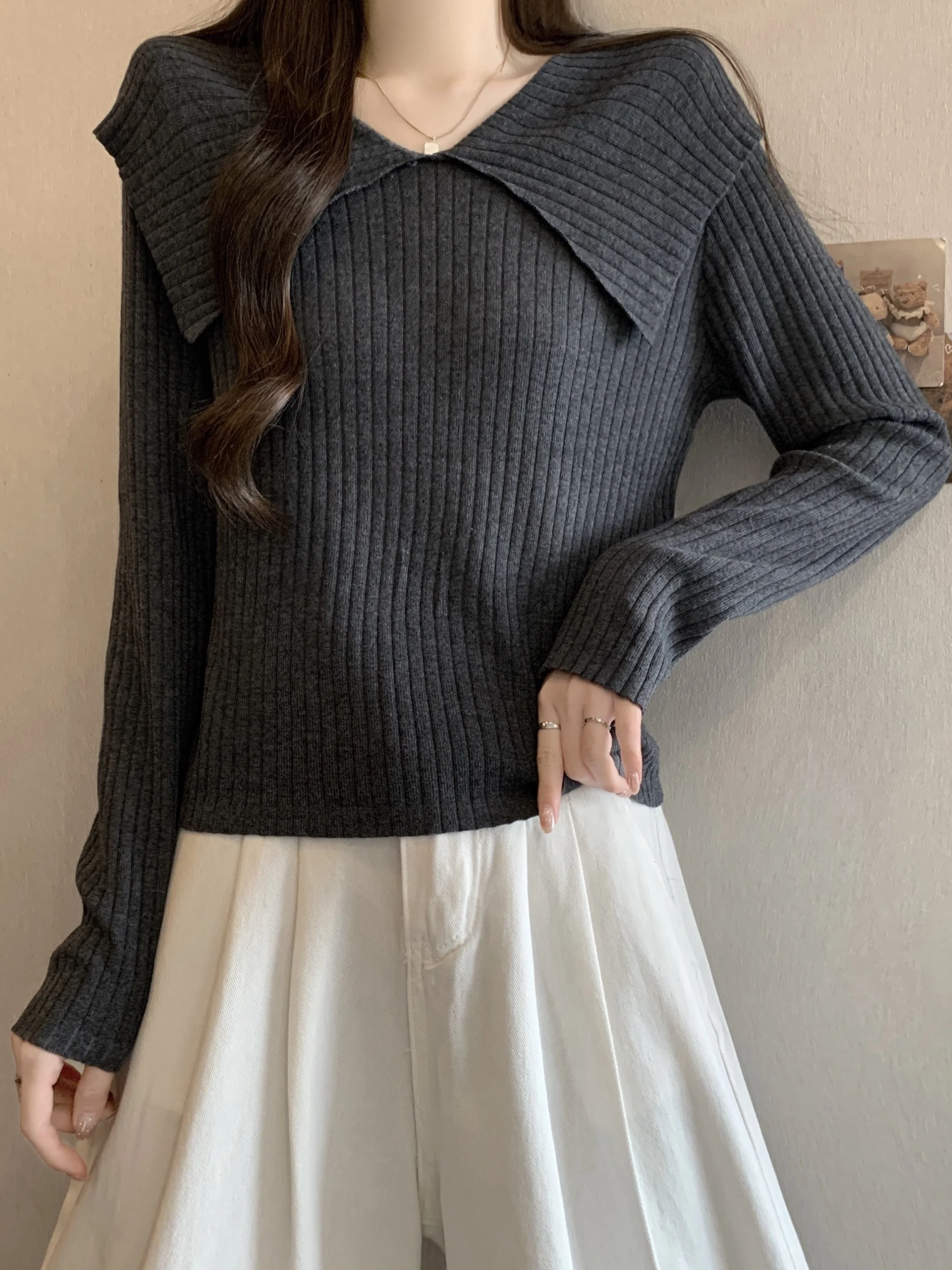 

Chic Long Sve Knitted irt Women's Spring Early Season plus Size Doll Collar Base irt Casual Sle Soft Polyester Blend