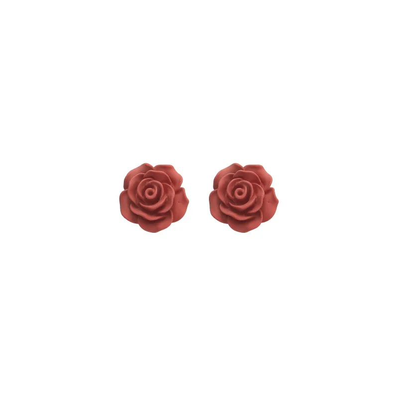 Korean Retro Resin Red Rose Flower Ear Clips Earrings French White Rose Small Clip on Earrings for Women Girls Without Ear Hole