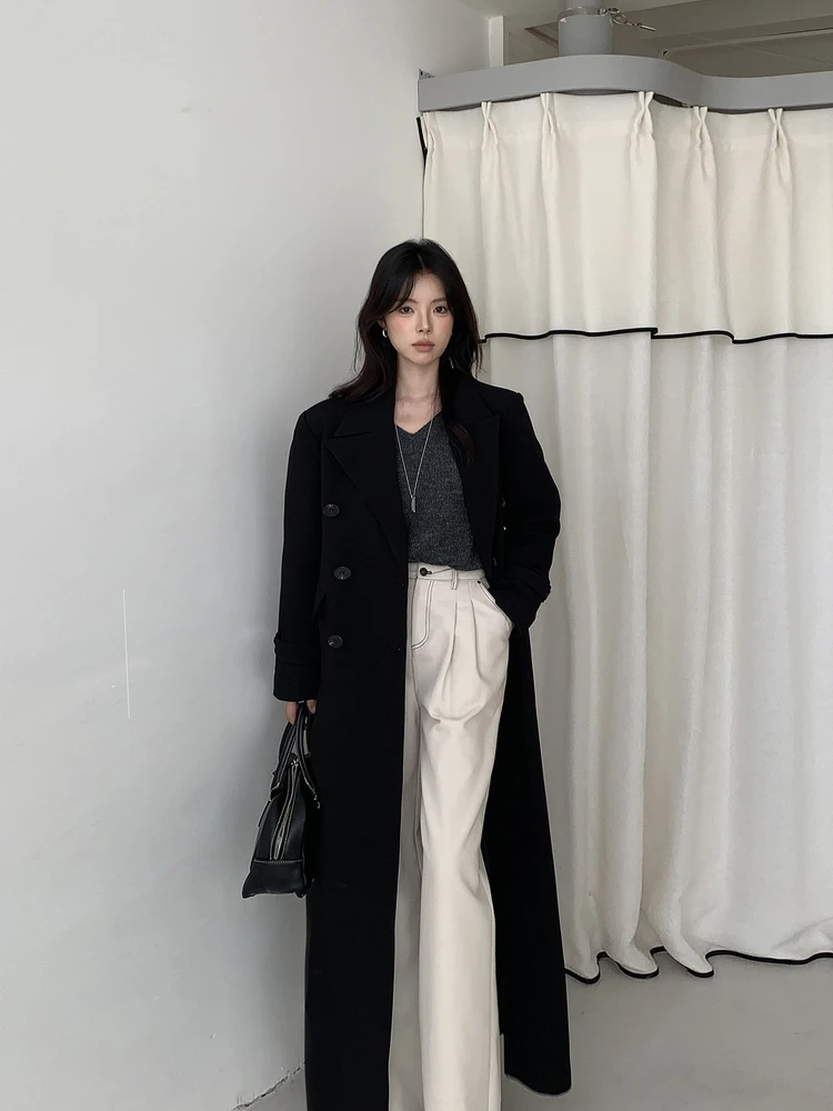 

High-End Korean Sle Thiened Extended Woolen Coat Tuxedo Collar Super Long Size Women's Outerwear Commute Straight Cut