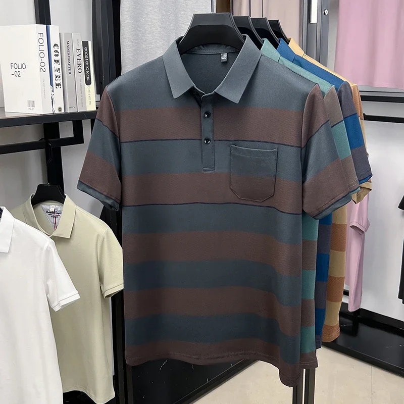 Mens Casual Broad Horizontal Stripe Lapel Polo Tops Front Patch Chest Soft Stretch Short Sleeve Shirts For Male Daily Outfit
