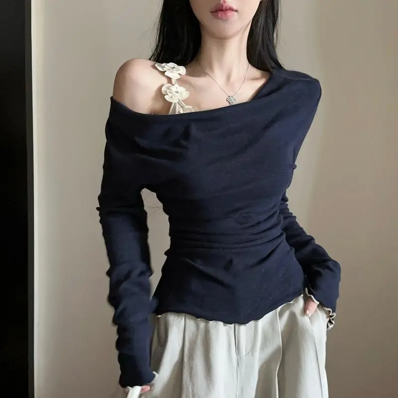 

Корейские лоскутные искусственные тонкие короткие топы из двух предметов с длинными рукавами, трендовые футболки с открытыми плечами, весенне-осенняя модная сексуальная женская одежда