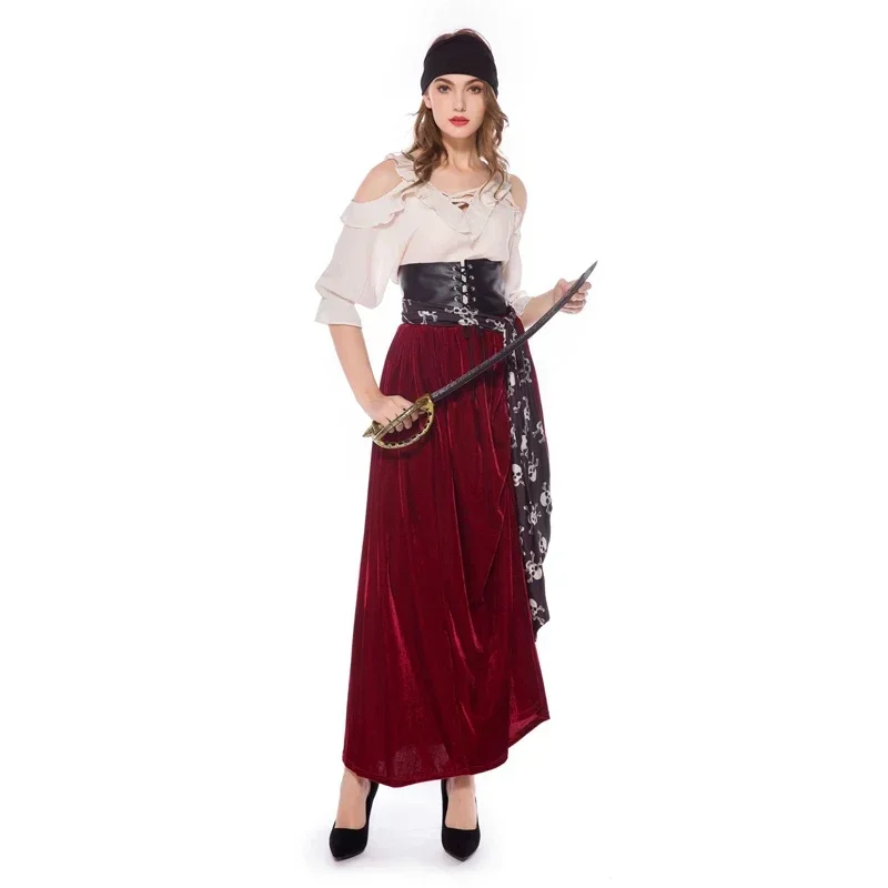 Women Caribbean Pirates Captain Costume Halloween Cosplay Suit Medoeval Gothic Fancy Woman Dress Anime Cosplay