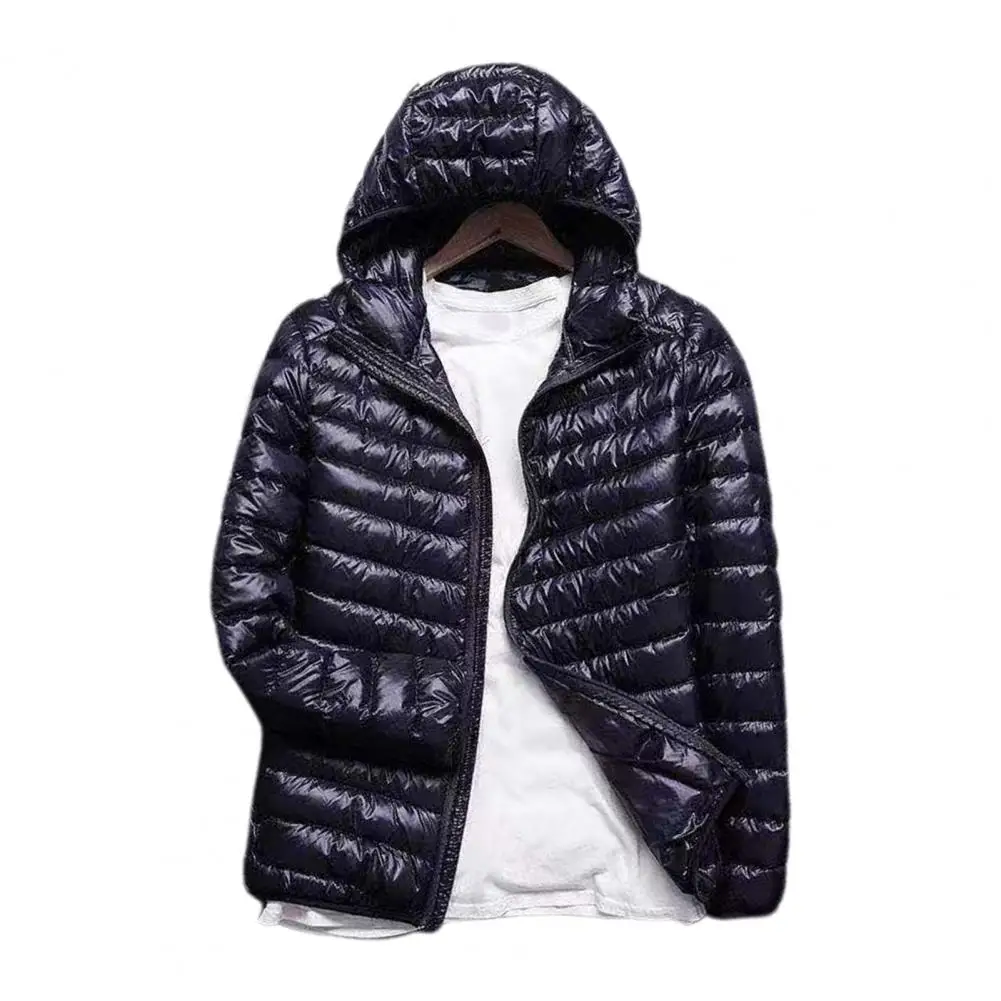 Plus Size Winter Men Down Coat Ultra Lightweight Hood Solid Color Thin Cotton Padded Zipper Jacket Streetwear