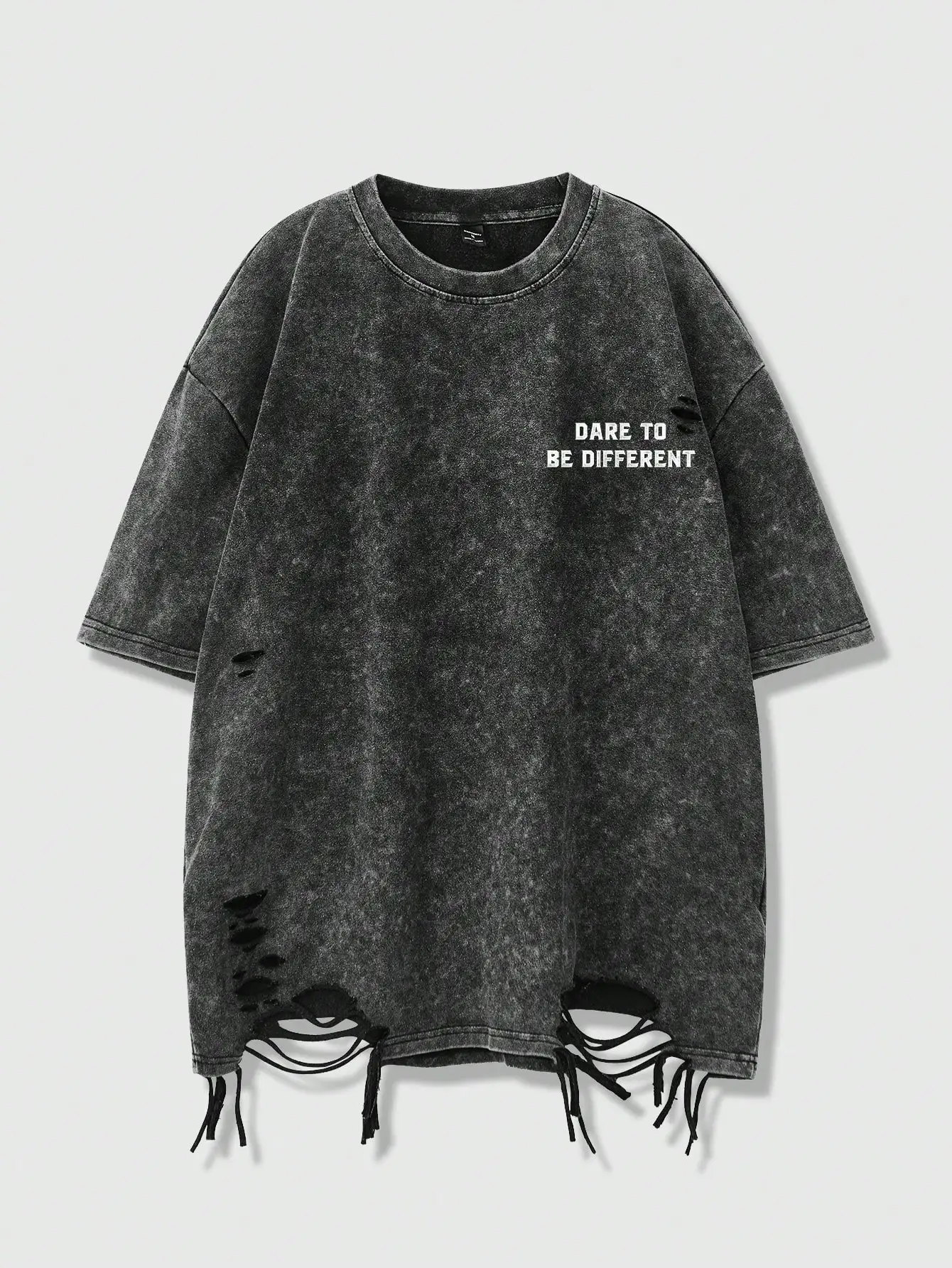 

Distressed Oversized T-Shirt with Bold Text Print, Casual Summer Wear