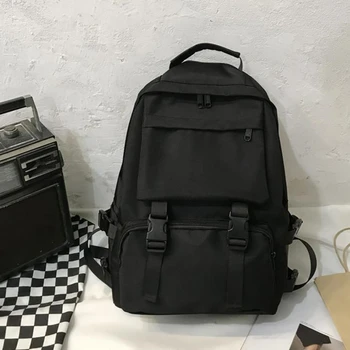 프레피 학생 배낭 대용량 단추 여행 가방, 단색 심플 하라주쿠 시크 패션, 레트로 유니섹스 하이 스트리트