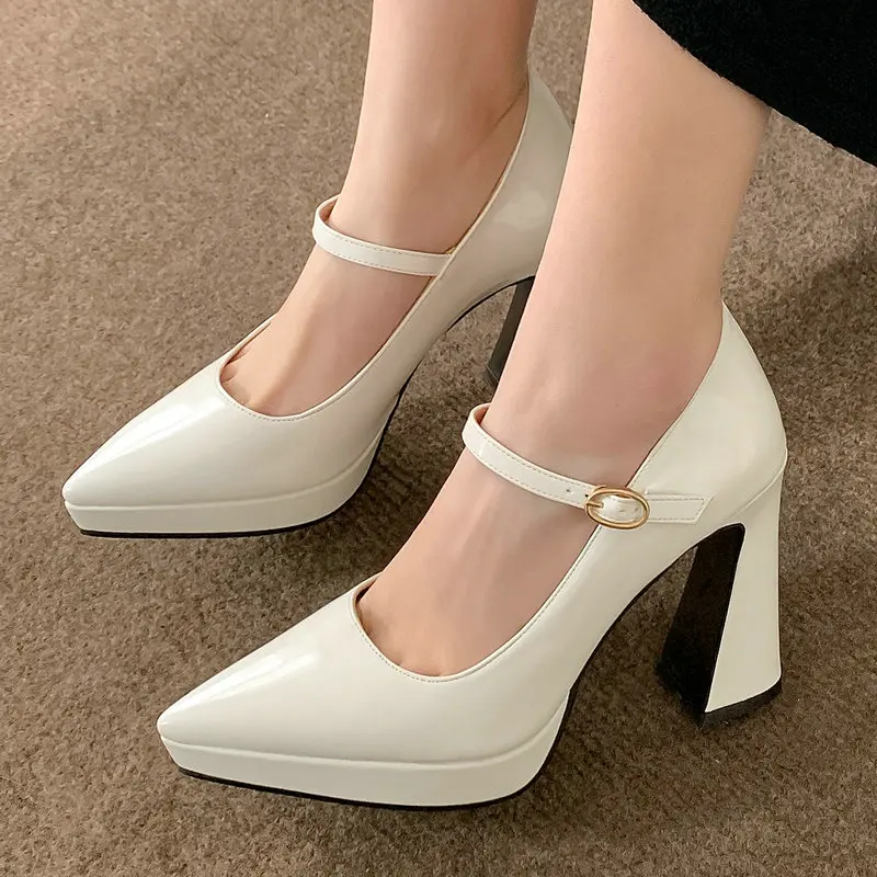 PU Patent Leather Burgundy White Heels Pointed Toe Sexy Office Lady Pumps Mature Womens Stiletto Mary Janes Small Size 33 Shoes