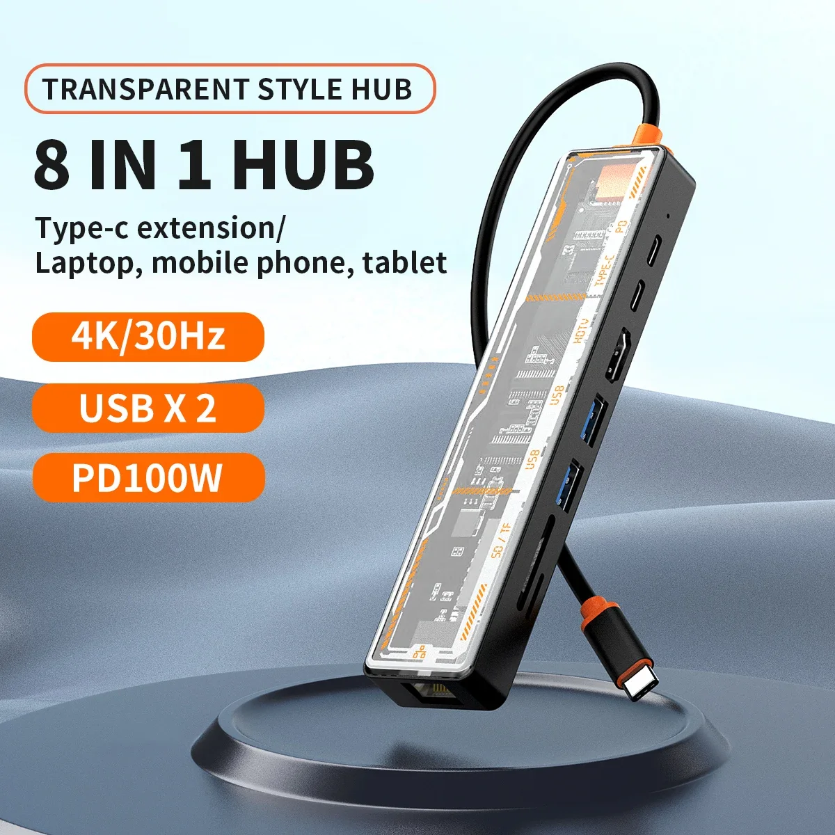 

8 In1 Transparent USB-C Docking Station HDMI-compatible Adapter with HDTV,USB3.0/2.0,PD Charging ,SD/TF2.0,RJ45100M Ports for Ma