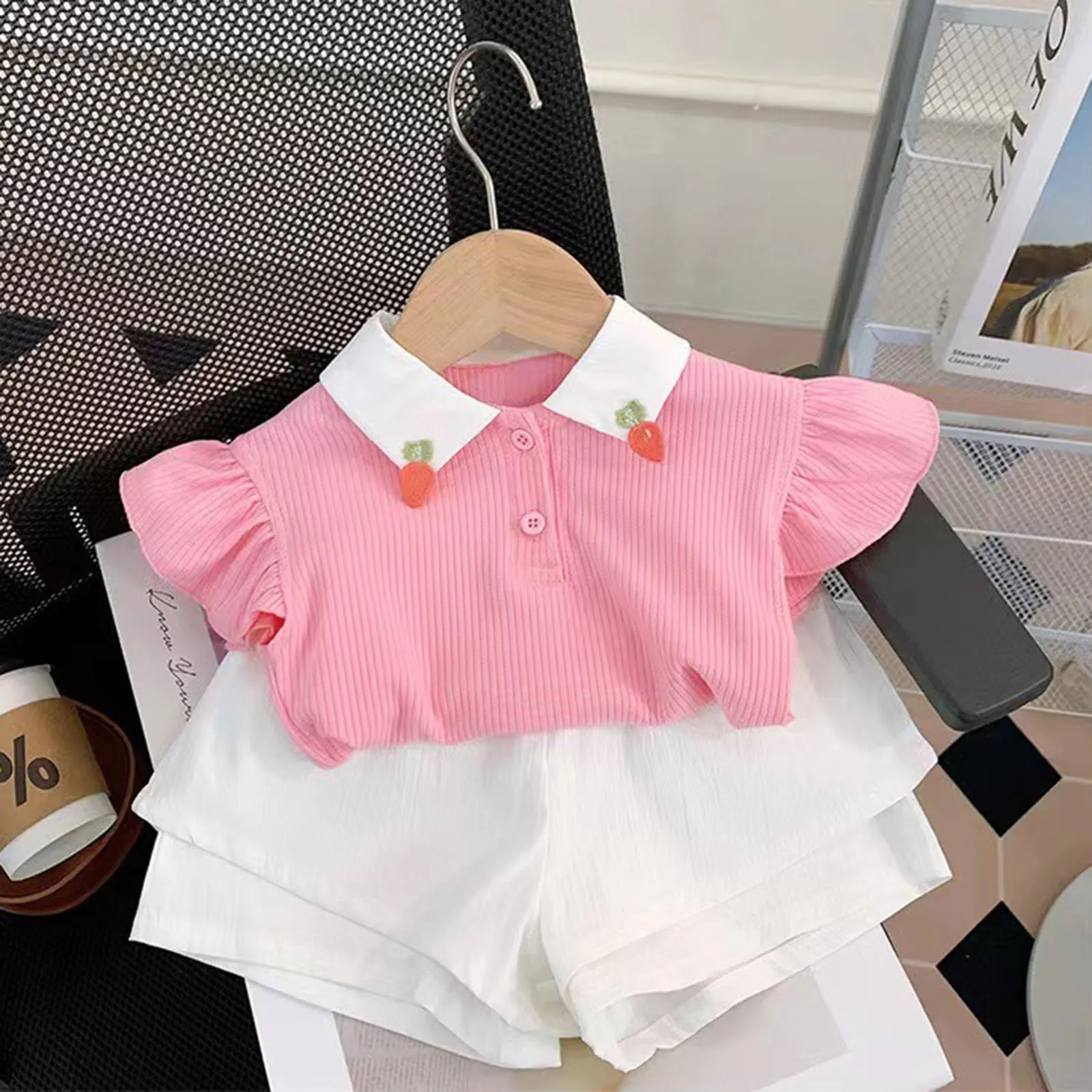 

2-7Years Toddler Girls Clothes Sets Ruffle Short Sleeve Cute Shirt Shorts Set Korean Fashion Two Piece Outfits Children Clothing