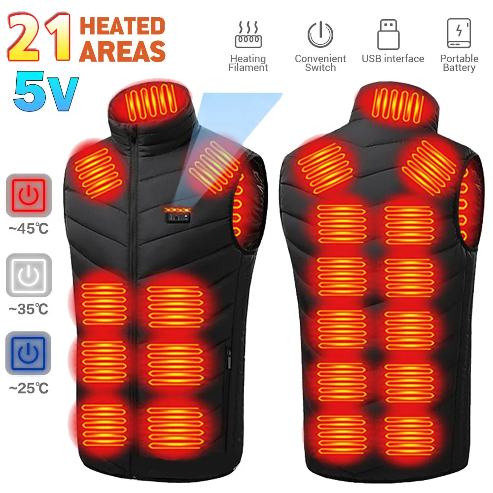 

21 Area Heated Vest Winter Heating Jacket Hunting Ski Heating Vest Motorcycle Jacket Anti-freeze USB Powered Heated Clothing Men