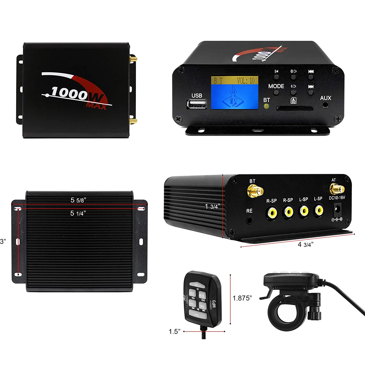 AMPLIFICADOR DE POTENCIA Multmedia para motocicleta, reproductor de Audio compacto, 1000W, 4 canales, Bluetooth, Radio FM, USB, AUX, SD, para coches