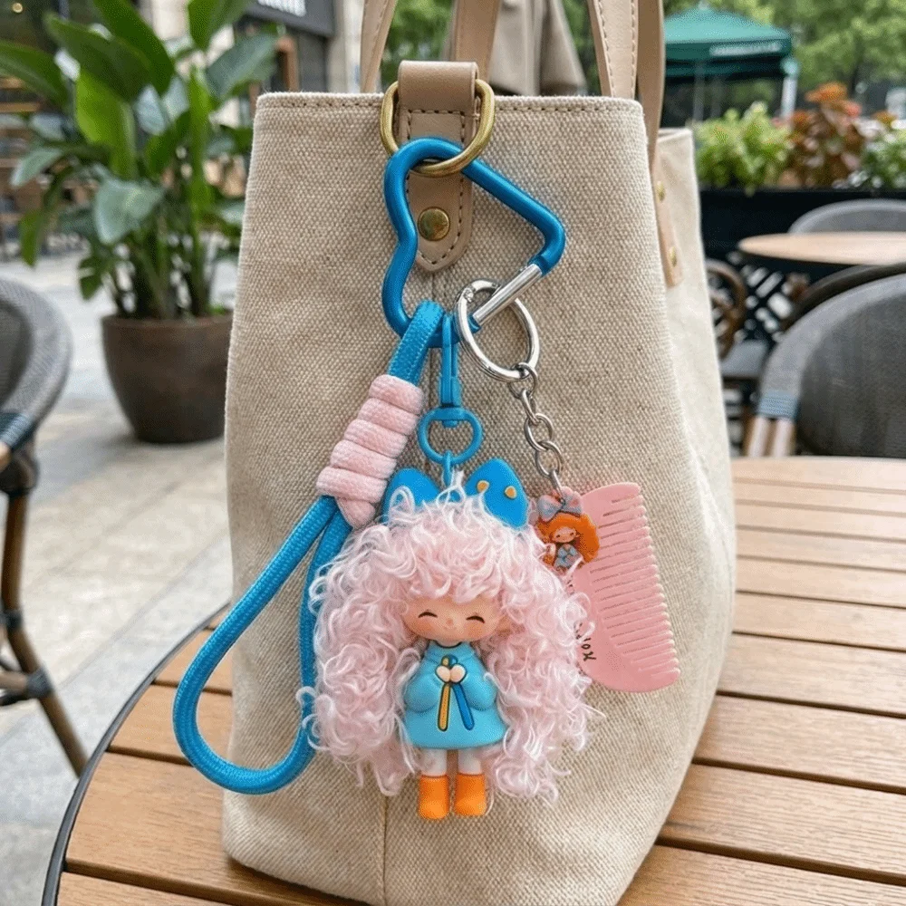 Soft Rubber Curly Hair Doll Keychain Colorful Hairbrush Pendant Halyard Heart Keyring Multicolor Fluffy Texture Bag Pendant