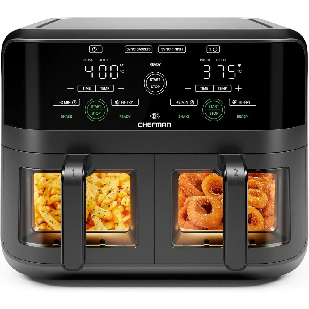 

CHEFMAN 6-литровая фритюрница с двойной корзиной, духовка Easy View, синхронизация окон, Hi-Fry, автоматическое отключение, 2 независимых 3 кварты с антипригарным покрытием