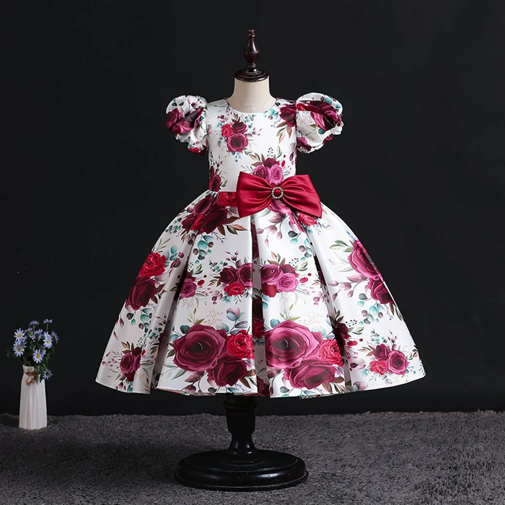 HETISO Girls Dresses for Party Rose Floral Satin Children Holiday Dress Kids\' Elegant Christmas Gown vestido niña 8 10 12 Years