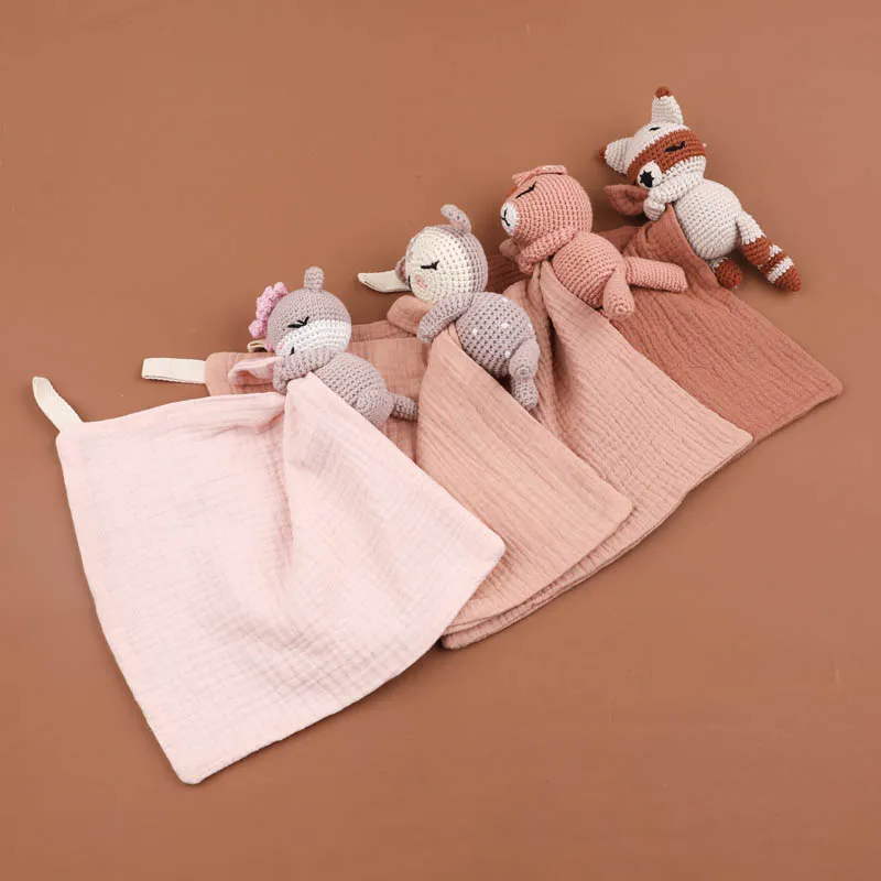Personalized name Muslin Baby Sleeping Dolls Soft Eco-Friendly Baby Rabbit Plush Cute Bunny Cotton Knitted Baby Towel Doudou