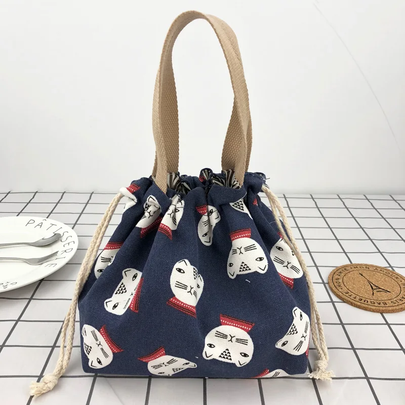 Japanese Cute Bento Bag Tote Canvas Lunch Bags Cartoon Anime Drawstring Bag Foldable Holds Two Lunch Boxes