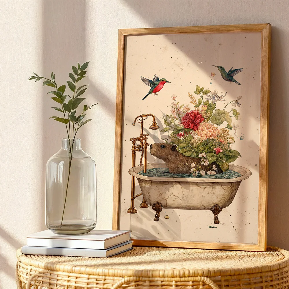 Abstract Capybara In Bathtub With Hummingbird Floral Canvas Wall Decor Picture